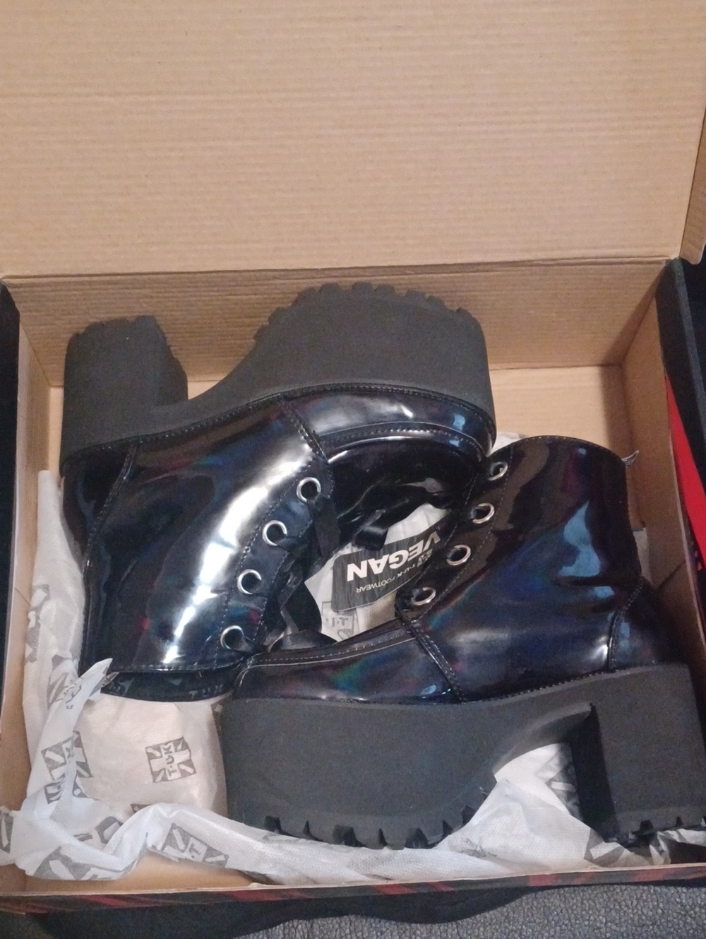 TUK Nosebleed Platform Boots. Brand New With Box. Black Patent Size US5 UK3